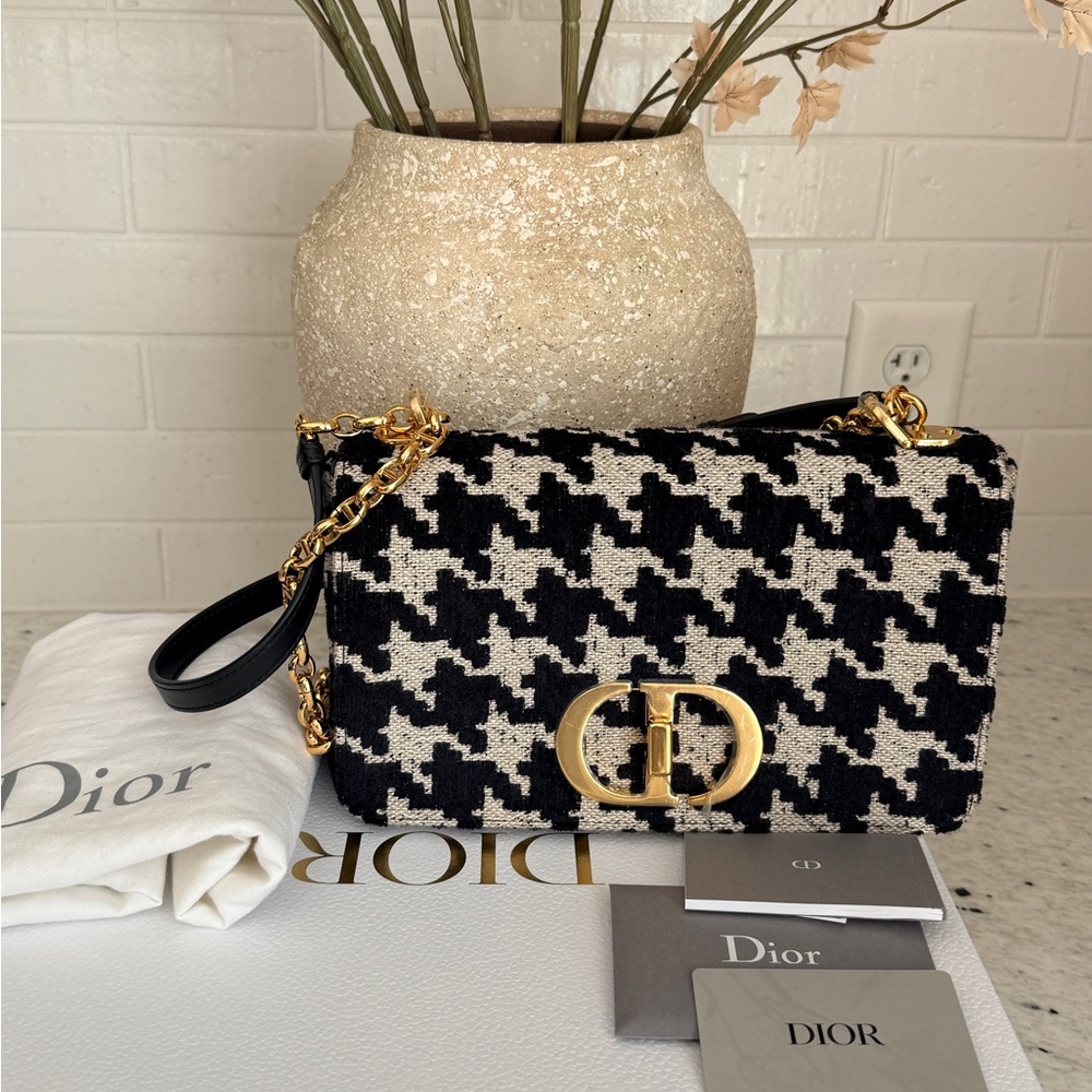 Dior Medium Caro Black & Cream Houndstooth Chain Shoulder Bag with Gold Hardware